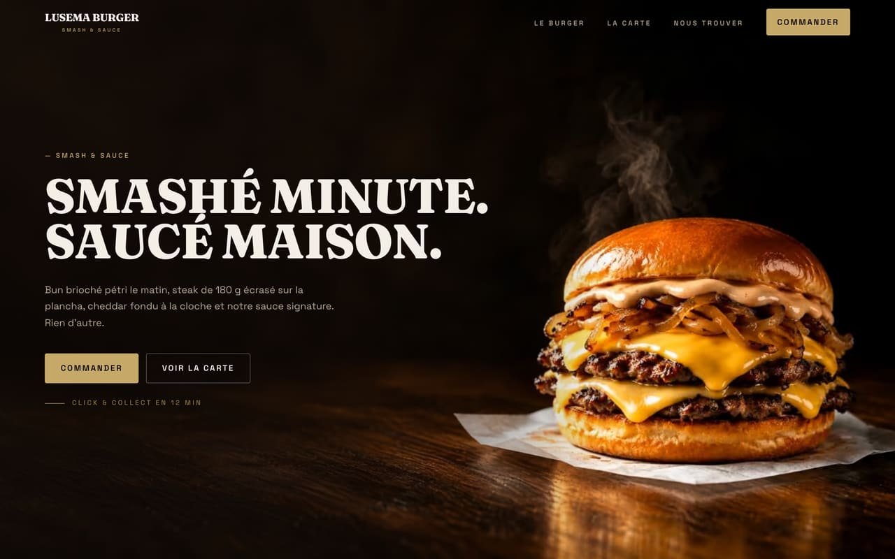 Page d'accueil de LUSEMA Burger, sur ordinateur
