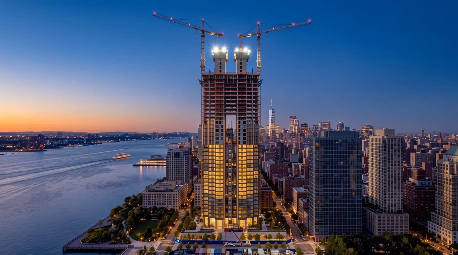 La même tour en construction, deux grues éclairées au coucher du soleil.